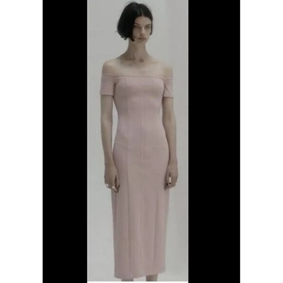 Zara Off the Shoulder Bodycon Midi Dress XSMALL Baby Light Pink Topstitched - Picture 2 of 15